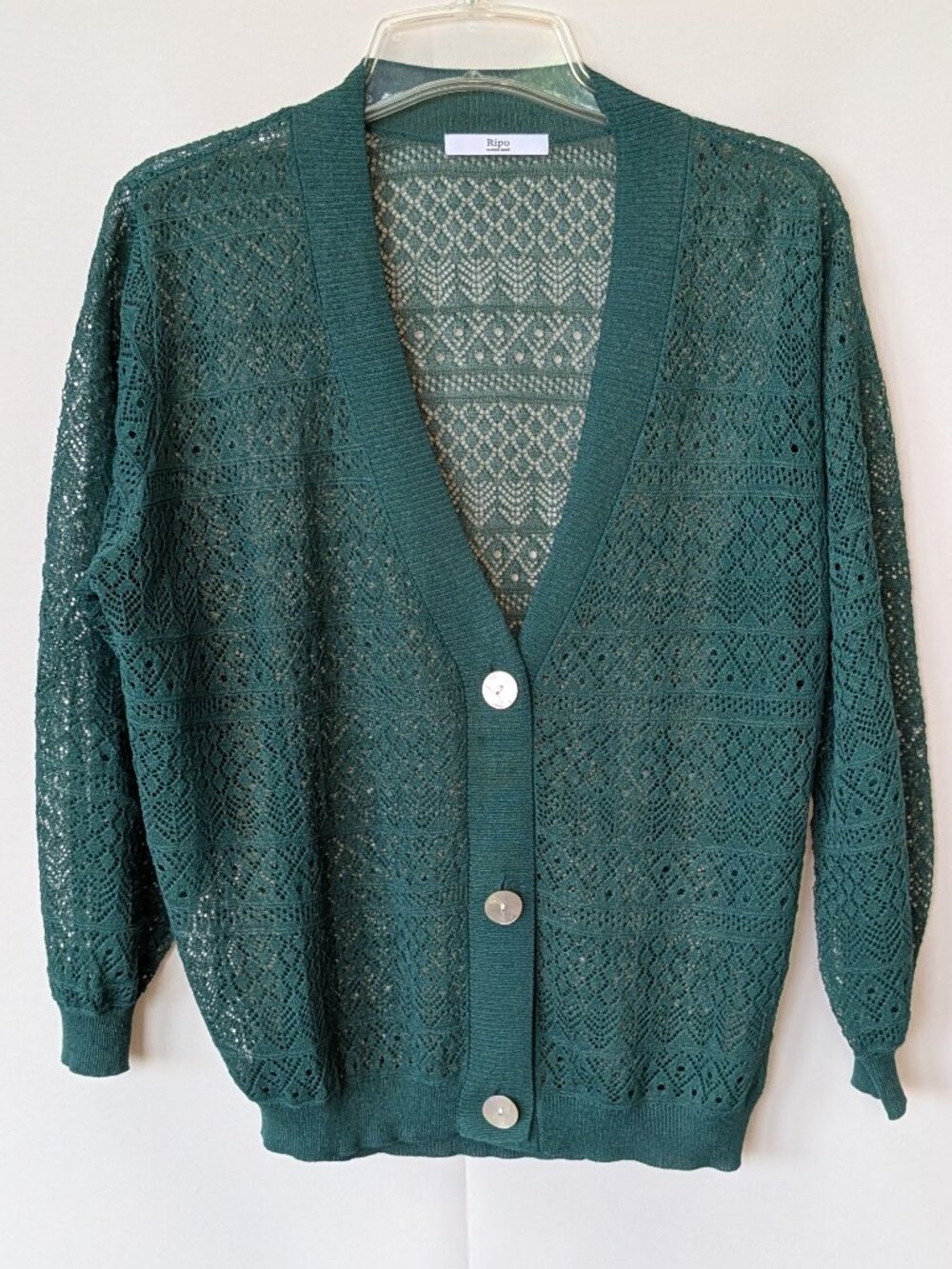 Green Pointelle Open Stitch Cardigan